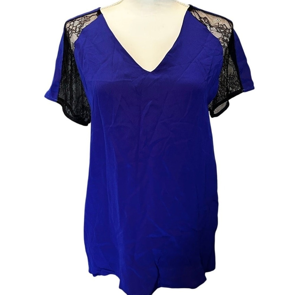 Karina Grimaldi 100% Silk Blouse Cobalt Blue Black Lace Sleeve V Neck Top M